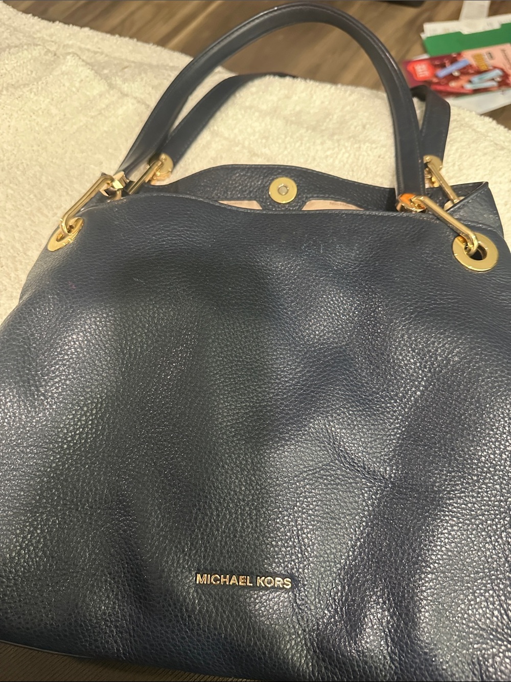 Michael Kors Navy Pebbled Leather Shoulder Bag with Gold Hardware